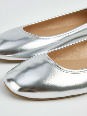 Silver Metallic Silver Square Toe Ballet Shoes