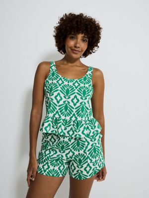 Green Abstract Floral Sleeveless Peplum Top With Linen