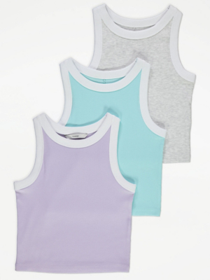 Pastel Contrast Piping Ribbed Racer Vests 3 Pack Kids at ASDA