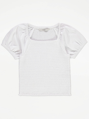 White Shirred Puff Sleeve Top