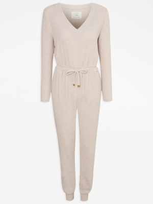 Cream Drawcord Waist Soft Knitted Lounge Jumpsuit Lingerie