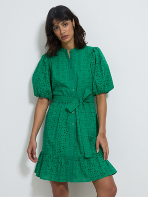 Green Broderie Belted Puff Sleeve Mini Dress | Women | George at ASDA