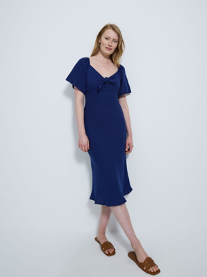 Tie Front Short Sleeve Side Slit Dress For Women Flattering Stretch Midi Comfort
