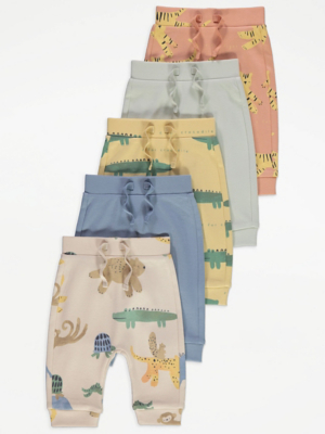 Wildlife Animal Print Joggers 5 Pack Baby at ASDA