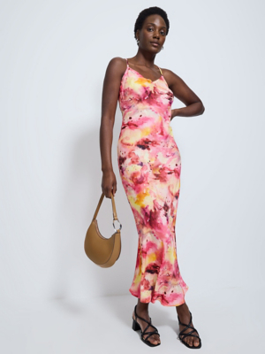 Pink Tie Dye Cross Back Satin Maxi Slip Dress