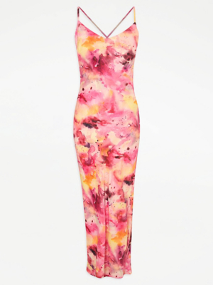 Pink Tie Dye Cross Back Satin Maxi Slip Dress Women George at ASDA