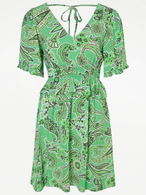 Green Paisley Swirl Ruched V Neck Mini Dress | Women | George at ASDA