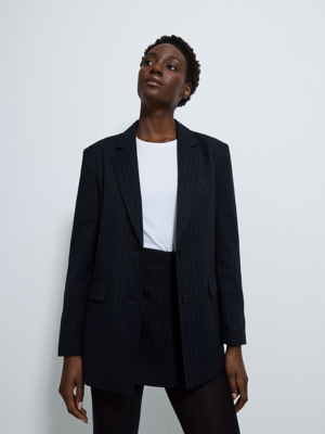 Oversized Pinstripe Blazer with Asymmetrical Button Closure - Gray main image 0