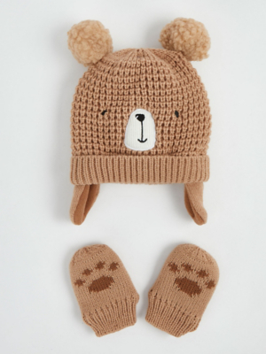Brown Bear Knitted Hat and Mittens Set
