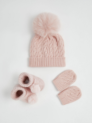 Babyhug 100% Cotton Cap Mittens & Booties Set Floral Print Pink - Circumference 32 cm