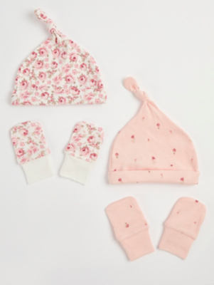 Pink Rose Newborn Hats and Scratch Mitts Set Pack