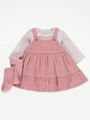 Pink Corduroy Pinafore Bodysuit and Tights Outfit