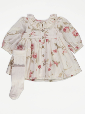 Cream Floral Woven Shirt Dress and Tights Outfit | Baby | George at ASDA
