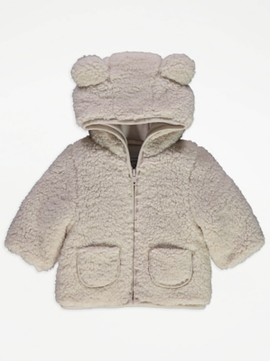 Cream Borg Fleece Teddy 3D Ear Hooded Jacket Baby George at ASDA