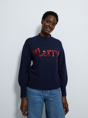 Christmas Navy Sequin Merry Knitted Jumper | Women | George at ASDA