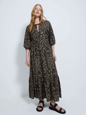 Goose Island Swirl Print Smock Top Tiered Hem Midi Dress Khaki/caramel