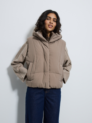 Mocha Ribbed Neck Hooded Padded Gilet | Women | George at ASDA