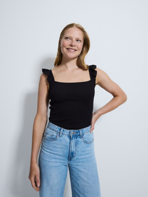 Black Ribbed Frill Shoulder Vest Top Women at ASDA