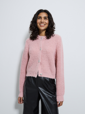 Pink Diamante Button Chunky Knitted Cardigan | Women | George at ASDA