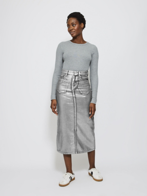 Silver Metallic Brushed Denim Midi Skirt Women George at ASDA