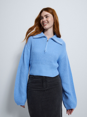 G21 Vintage Blue Zip Neck Cropped Knitted Jumper | Women | George at ASDA