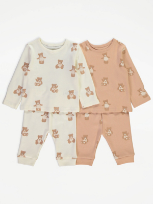 Neutral Sleepy Bear Long Sleeve Pyjamas 2 Pack | Baby | George at ASDA