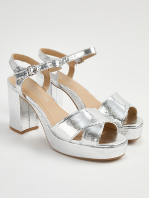 Silver Croc Platform Block Heel Sandals