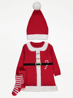 Christmas Santa Knitted Dress Hat and Tights Set Kids George