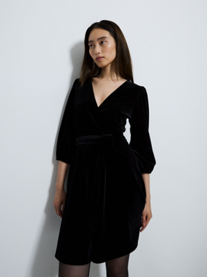 Black Velvet Wrap Front Long Sleeve Mini Dress | Women | George at ASDA
