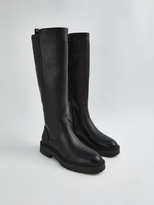 Black Pull On Chunky Knee High Boots