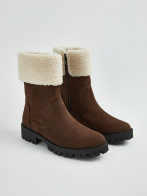 Brown Suedette Borg Edge Chunky Boots | Women | George at ASDA
