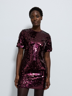 Burgundy Sequin Disco Short Sleeve Mini Dress | Women | George at ASDA