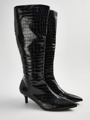 Black Croc Pointed Toe Heeled Knee High Boots | Women | George at ASDA