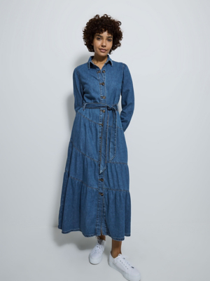 Ladies Dresses Asda George Denim Dress Mid Wash Long Sleeve Denim