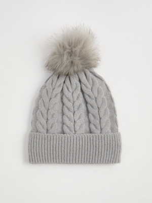 Thinsulate Grey Pom Pom Cable Knitted Hat | Women | George at ASDA