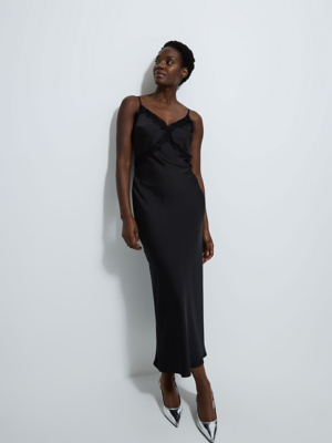Black Lace Trim Satin Cami Midi Dress | Women