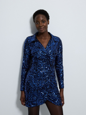 Blue Sequin Collared Wrap Over Mini Dress | Women | George at ASDA