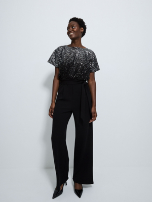 Black Sequin Flutter Sleeve Wide Leg Jumpsuit Women George at ASDA