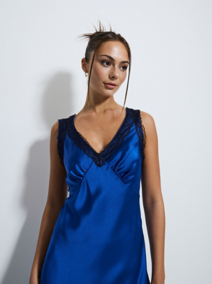 G21 Cobalt Blue Lace Trim Satin Midi Dress | Women | George at ASDA