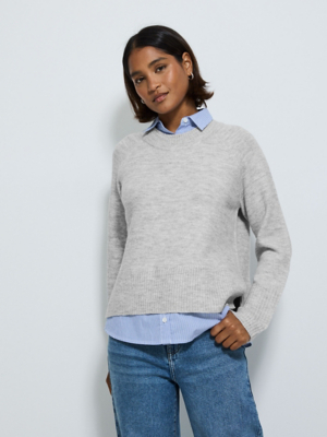 Light Grey Knitted in Shirt Collar and Hem Jumper