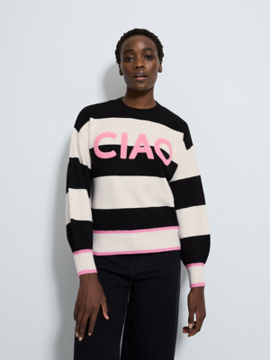 Black Striped Ciao Contrast Crew Neck Knitted Jumper | Women