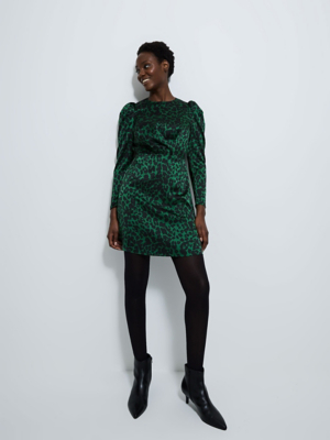 Green Animal Print Long Sleeve Satin Mini Dress Sale Offers