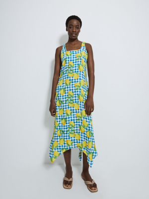 Gingham Lemon Sleeveless Handkerchief Hem Midi Dress | Women