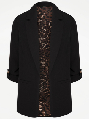 Black Leopard Print Lined Roll Sleeve Blazer
