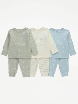 Smiley Face Nap Time Long Sleeve Pyjamas 3 Pack | Baby | George at ASDA