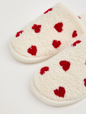 Cream Heart Fluffy Mule Slippers