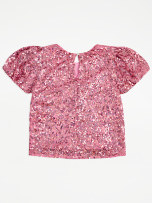 Pink Sequin Short Puff Sleeve Top Kids George at ASDA