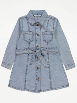 Light Wash Tie Waist Denim Shirt Dress