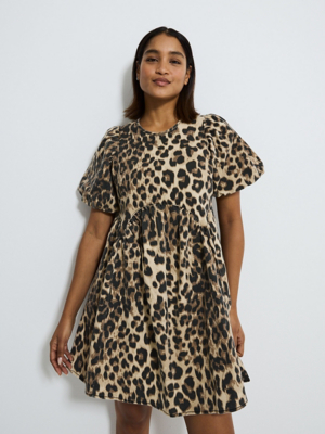 Animal Tie Back Puff Sleeve Denim Smock Mini Dress | Women | George at ASDA