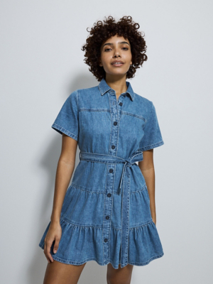 Denim Short Sleeve Belted Tiered Shirt Mini Dress | Women